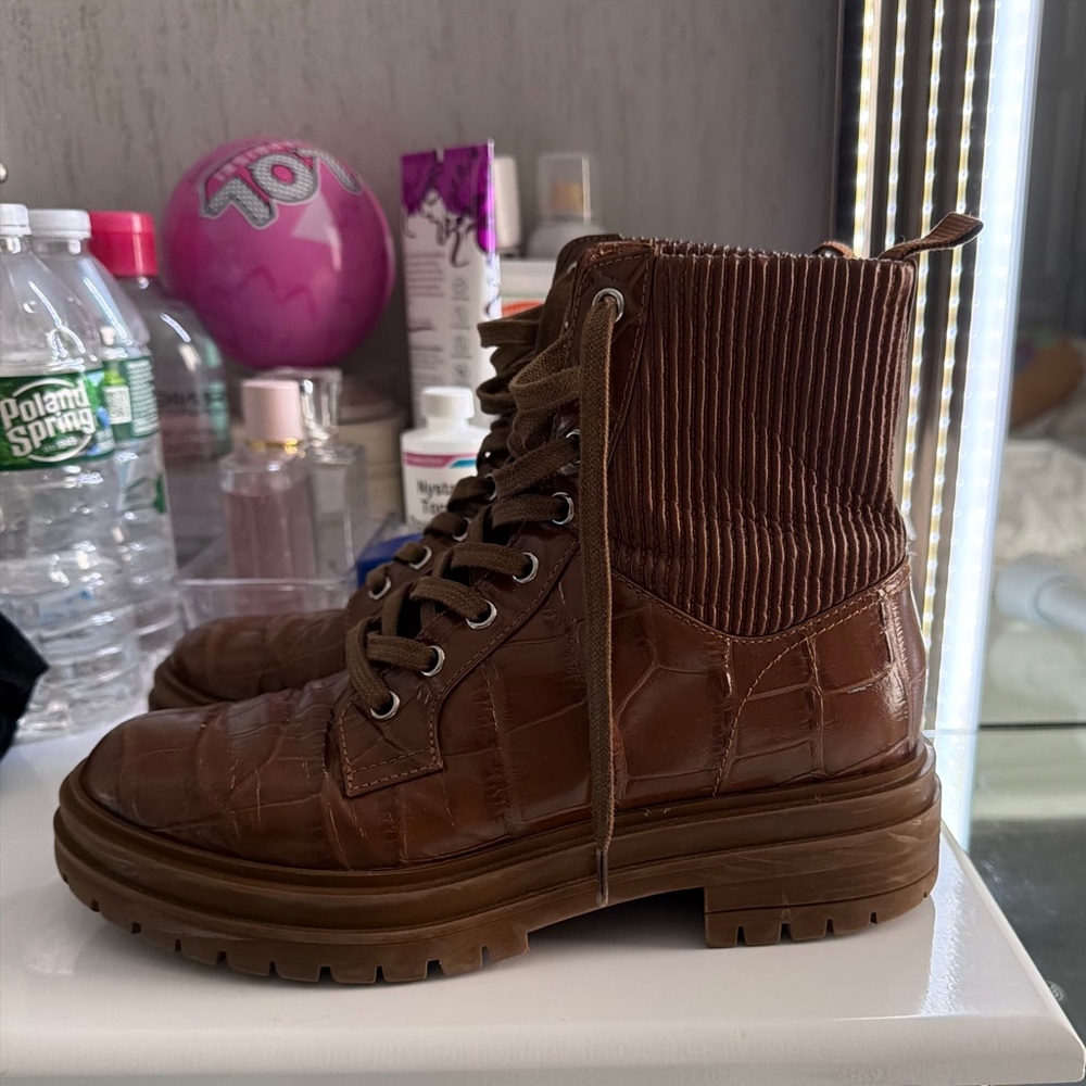Gianvito Rossi Brown Croc-Embossed Combat Boots